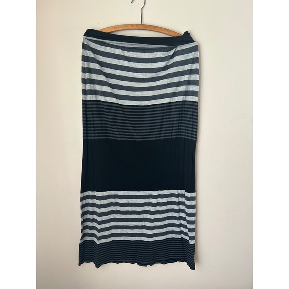 Y2K 2000s Fold Waist  Maxi Skirt Striped Gray Black Knit Casual Womens L Grunge - Picture 1 of 3